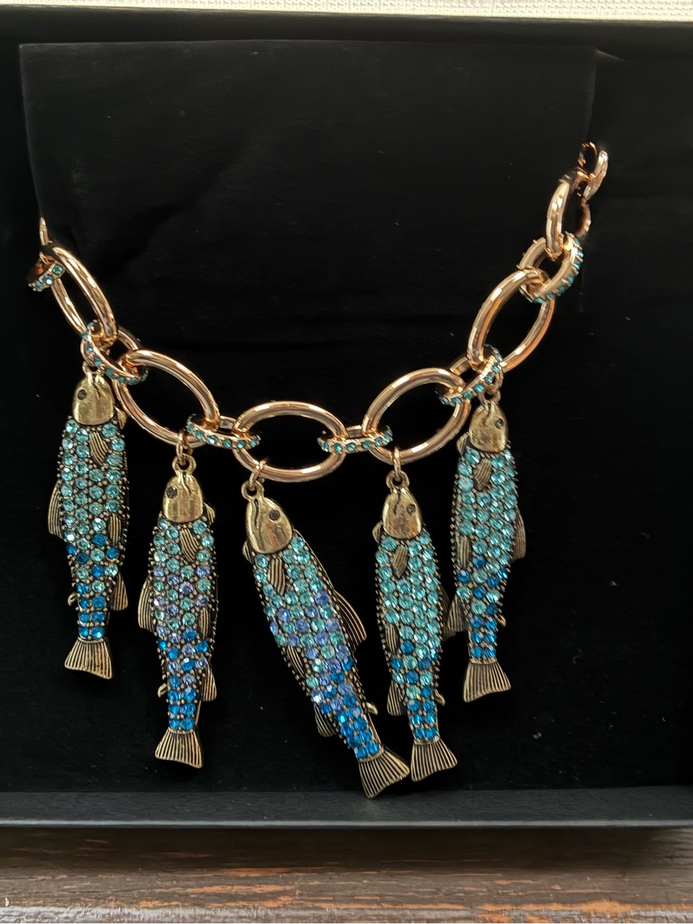 Betsey Johnson Gold-Tone Blue Sardines Necklace with Turquoise Blue Fish Charms - Picture 1 of 2